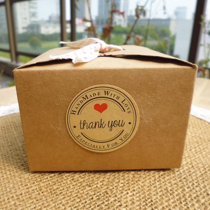 1.5 Inch Handmade with Love Stickers,500Pcs Thank You with Love Heart Sticker Baked Stickers Paper Lables Tags for Baking Packaging,Homemade Gift,Envelope Seals,Party Gift Wrap Bag (Brown01)