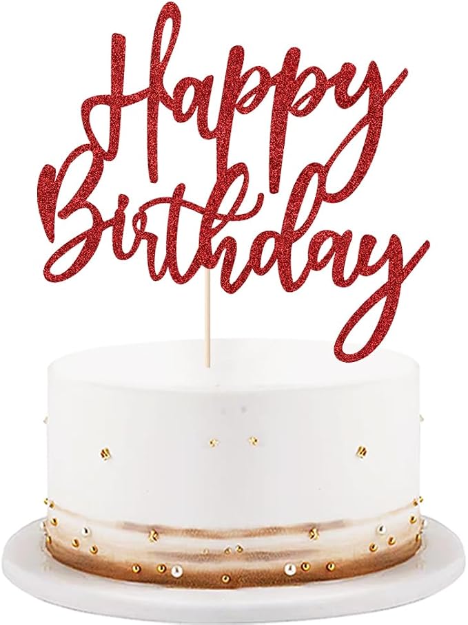 LVEUD Glitter Happy Birthday Cake Topper, Red, 1 Count, 8 Inches x 7 Inches, Glamorous Style, Suitable For Party Decoration, Birthday Occasion