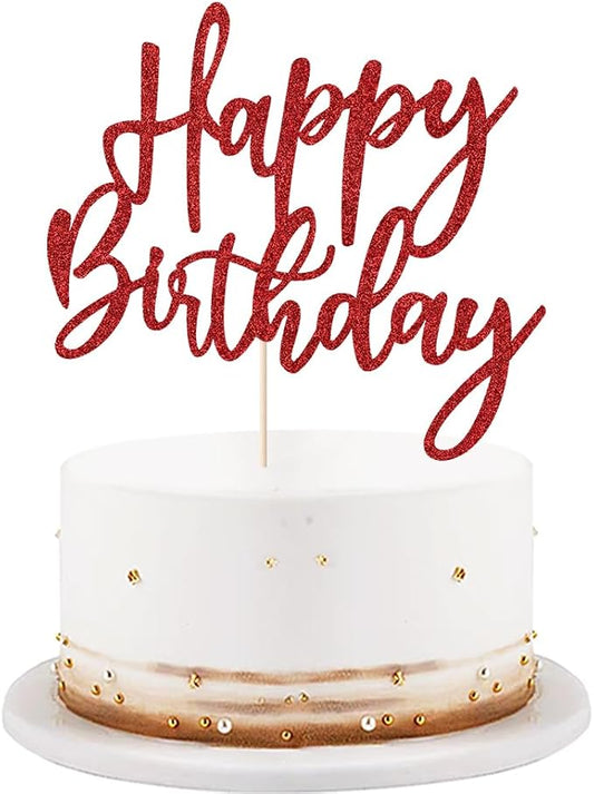 LVEUD Glitter Happy Birthday Cake Topper, Red, 1 Count, 8 Inches x 7 Inches, Glamorous Style, Suitable For Party Decoration, Birthday Occasion