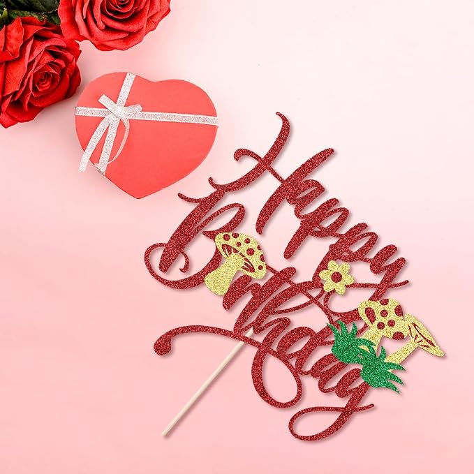 Mushroom Cake Topper- Glitter Mushroom Birthday Cake Toppers,Mushrooms and flowers in spring,Baby Shower Boy Girl Birthday Party Decoration Supplies