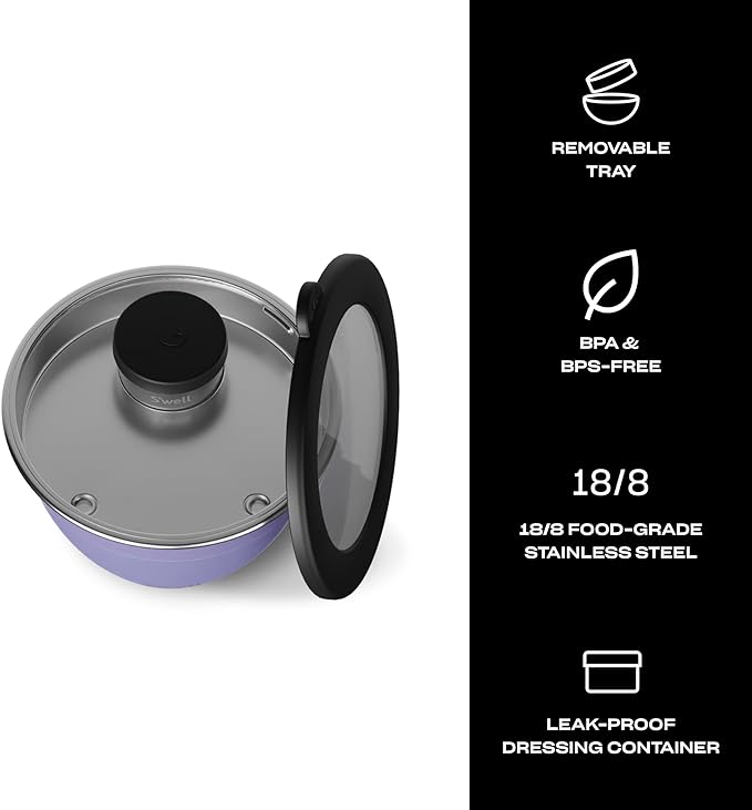 S'well Stainless Steel Salad Bowl Kit 64oz, Hillside Lavender, Comes with 2oz Mini Canister and Removable Tray for Organization, Leakproof, Easy to Clean, Dishwasher Safe (Pack of 8)