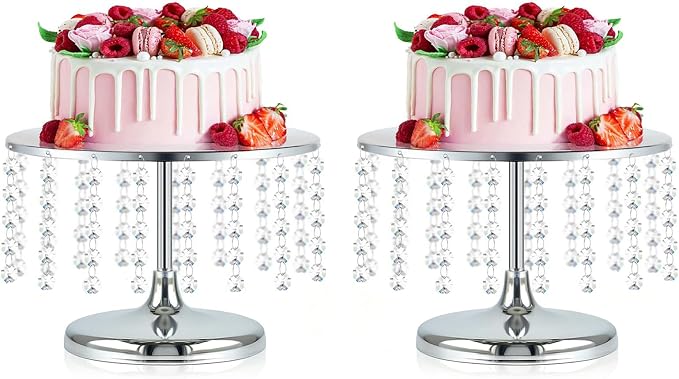 2 Pcs Silver Metal Mirror Cake Stand Set with Crystal Pendants - 11.8"W Elegant Dessert Table Display for Weddings, Birthday Parties, Baby Showers, Events - Sturdy Crystal Bling Cupcake Stands for Pastries, Sweets, Decorations