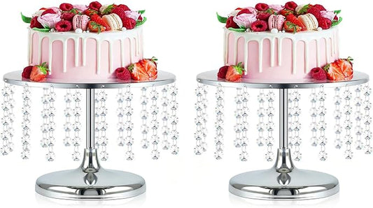 2 Pcs Silver Metal Mirror Cake Stand Set with Crystal Pendants - 11.8"W Elegant Dessert Table Display for Weddings, Birthday Parties, Baby Showers, Events - Sturdy Crystal Bling Cupcake Stands for Pastries, Sweets, Decorations