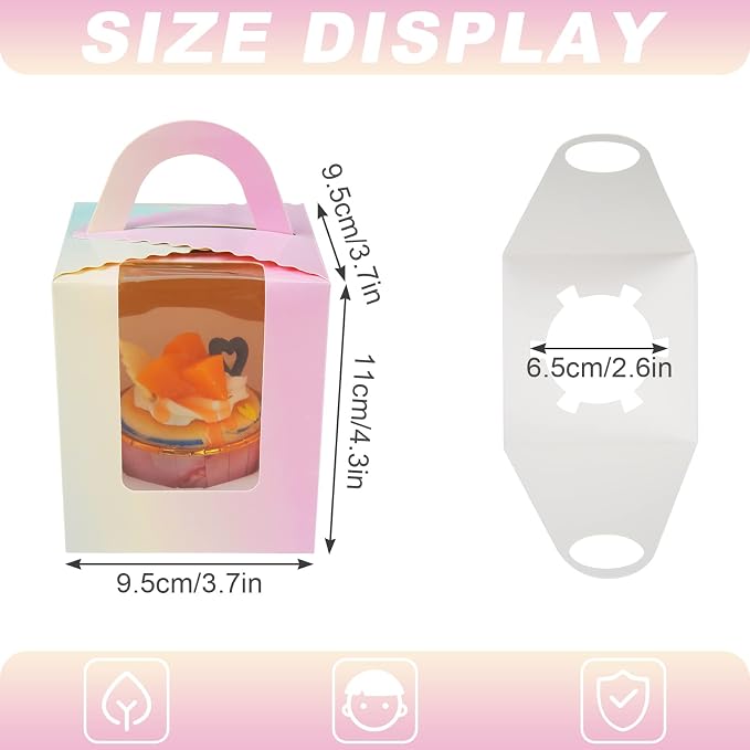 KEYIDO 30 Pcs Individual Cupcake Boxes Gradient Single Cupcake Boxes 1 Hole Cake Box with Clear Window Inserts and 2 Sheets of Stickers for Wedding Birthday Party Favors