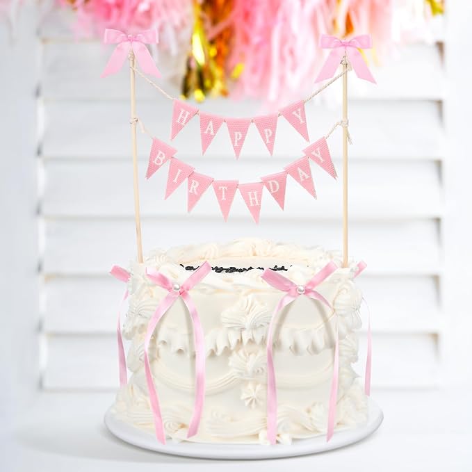 Honeydak 11 Pcs Pink Bow Ribbon Cake Topper Happy Birthday Cake Bunting Topper with Wood Pole Handmade Pennant Flags with Bows Ribbon for Birthday, Bridal Party Decoration