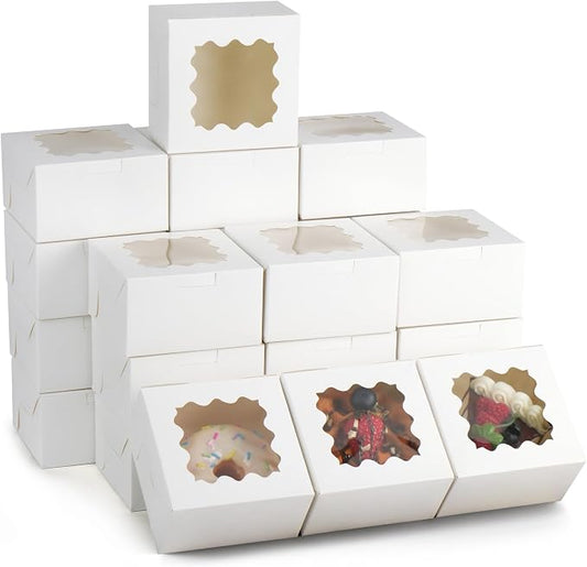 LotFancy 60pcs Small Cookie Boxes, 4x4x2.5 Inches, Bakery Boxes with Window, Baked Goods Packaging Containers for Cupcakes, Dessert, Macarons, Chocolates Donuts, Treats, Pastries