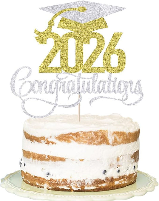 Silver-gold 2026 Congratulations Graduation Cake Topper,Congrats Grad Cake Decor - 2026 High School/College/Senior Graduation Party Decorations Supplies