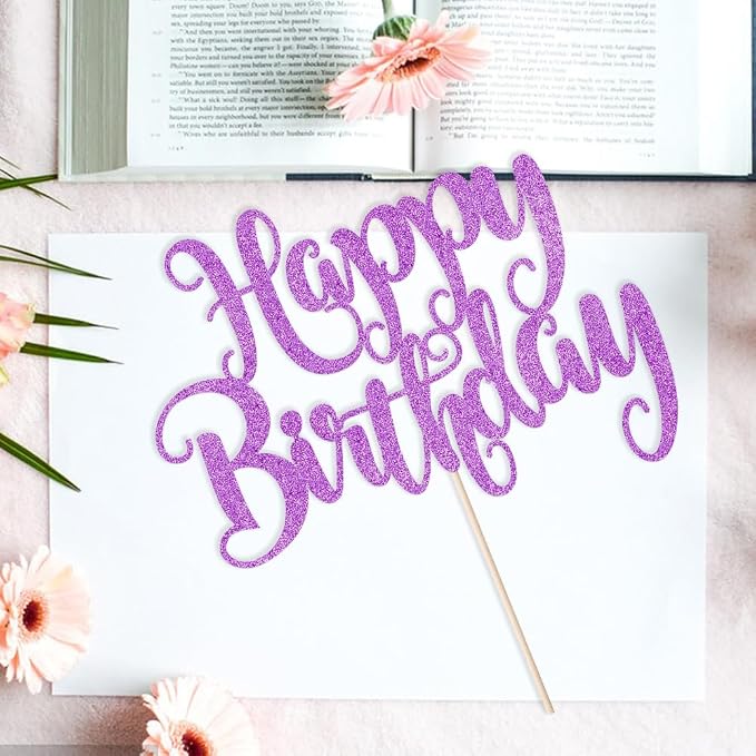 Happy Birthday Cake Topper- Glitter Happy Birthday Cake Decor, Handmade Anniversary/Birthday Party Supplies (Purple)