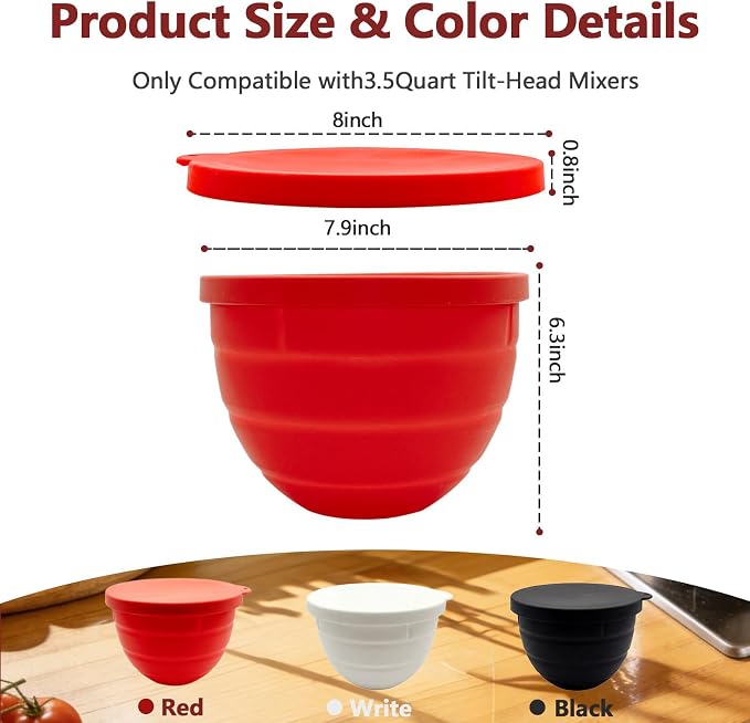 Foldable Silicone Bowl Liners for KitchenAid Mixer 3.5QT, Collapsible Kitchen Aid Bowl Insert with Airtight Lids, Thick Heat/Cold Resistant Silicone Mixing Bowl Liners, 3 Pack