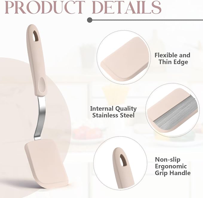 Silicone Cookie Spatula Turner 2 Pack Mini Brownie Spatula Flexible Kitchen Small Silicone Turner for Nonstick Cookware Heat Resistant No Scratch Flipper for Pancake(Solid Flat,Khaki)