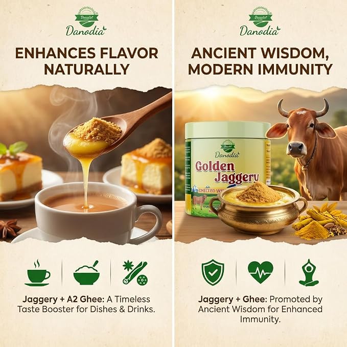 Danodia Foods Organic Golden Jaggery with A2 Cow Ghee, Cane Gur, 400g US | Ghee-infused cane gur sweetener for chai, coffee, baking, desserts and Indian recipes; no preservatives used; chai sweetener