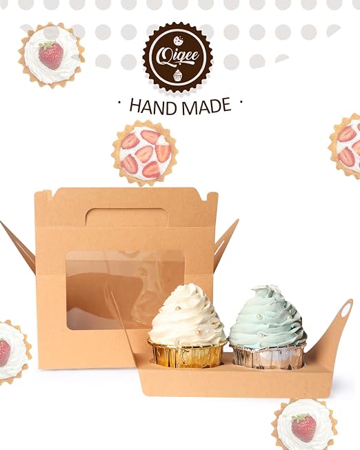 qiqee Cupcake Box Two Holder 6.5x3.6x3.5inch(2.2" Top) 50pcs Brown 2 Cupcake Boxes With Window