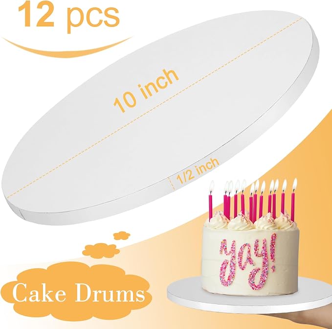 12 PCS Cake Drums 10 Inch, 10inch Drum, Cake Boards 10 Inch Round, 1/2" Thick Cardboard, Sturdy Circle, Base para Pastel Cardboard Base White Cake Boards for Wedding