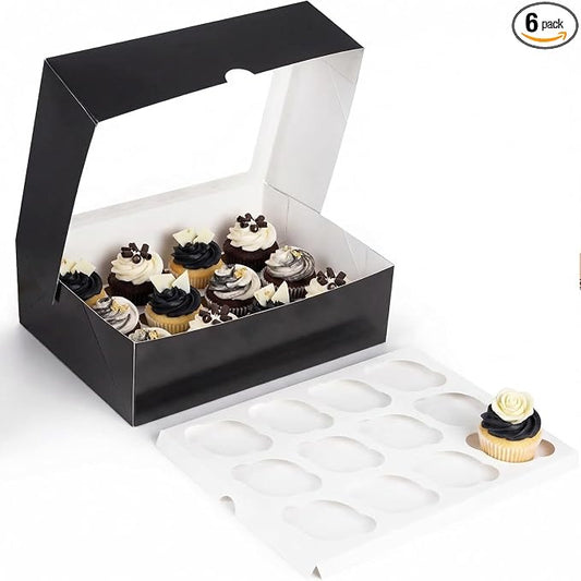 VGOODALL 12 Count Cupcake Boxes, 6PCS Cupcake Containers with Window Black Pastry Boxes for Birthday Holiday Party Bakery Supplies