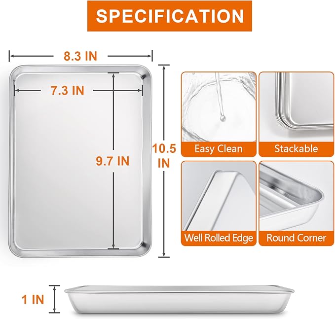 Small Baking Sheet Set of 2, E-far 10.5”x8.3” Stainless Steel Cookies Sheet Pan for Toaster Oven with 50 Parchment Paper, Rectangle Baking Tray for Cooking, Rust Free & Heavy Duty, Dishwasher Safe