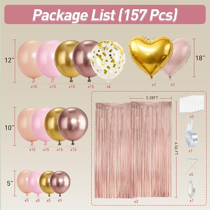 157PCS Rose Gold Balloon Garland Arch Kit with Fringe Curtain for Girls Women Princess Birthday Wedding Baby Bridal Shower Engagement Anniversary Graduation Party Decorations