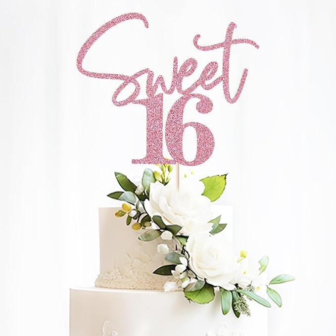 Pink Glitter Sweet 16 Cake Toppers | Happy Sweet Sixteen Birthday Party Cake Decor for Cheers to 16 Years Anniversary Party Decorations Supplies