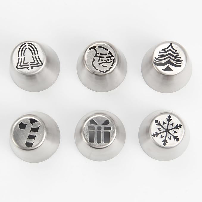6PCS Christmas Russian Icing Tips Set, Stainless Steel Piping Nozzles for Cake, Cupcake Cookie Decorating – Includes 6 Creative Festive Frosting Tips with Christmas Designs