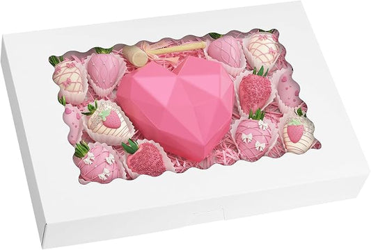 TOMNK 25pcs Cookie Boxes with Window, 16x11x2.5in Large Auto-Popup Bakery Boxes for Treats, Desserts, Chocolate Covered Strawberries, Pies, Muffins, Donuts