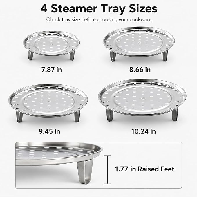 4 Pack Stainless Steel Steamer Rack for Pots, Tamales, Canning | Round racks with removable legs for stock pots, pressure cookers, vegetables, dumplings, and cooling baked goods.