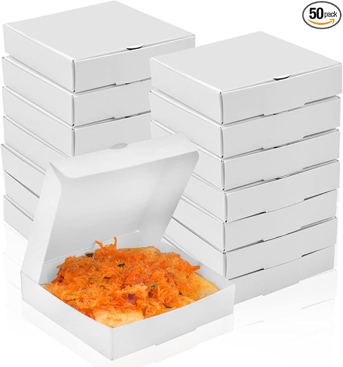 WANGDEFA 50 PCS 3.5 x 3.5 Inch Mini Pizza Boxes Square Cardboard Mini Pizza Box for Celebrations Party Favors Christmas Birthdays Valentines Day Weddings