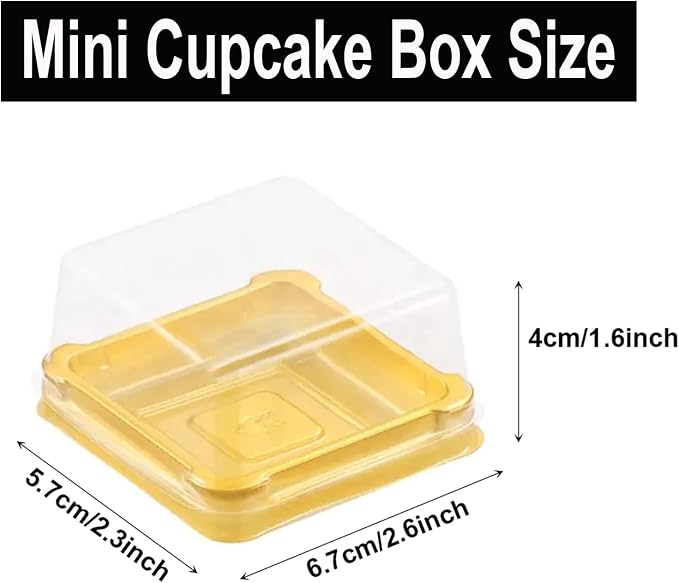 EchoDone 50 Set Clear Square Plastic Mini Cupcake Boxes (Gold) | Candy Muffin Square Mooncake Box Single Container Wedding Birthday Gift Box