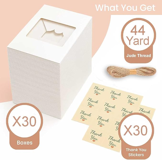 30 Pack Treat Boxes for Desserts - Cookie Boxes with Window for Gift Giving – 9x6x3 Inches Small Cookie Containers for Strawberries, Cupcake, Candy, Charcuterie, Pastry, Donuts, Baked Goods (White)