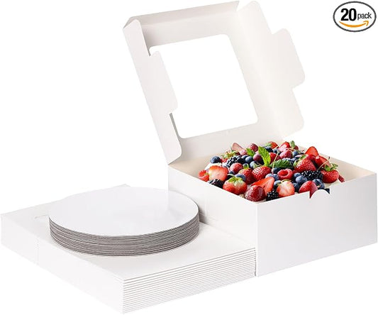 Moretoes 20 Set Cake Boxes, 10x10x5 Inches Tall White Square Bakery Boxes with Cake Boards Cajas Pasteles for Cakes, Valentine's Day, Mother's Day, Birthday, Wedding, Party