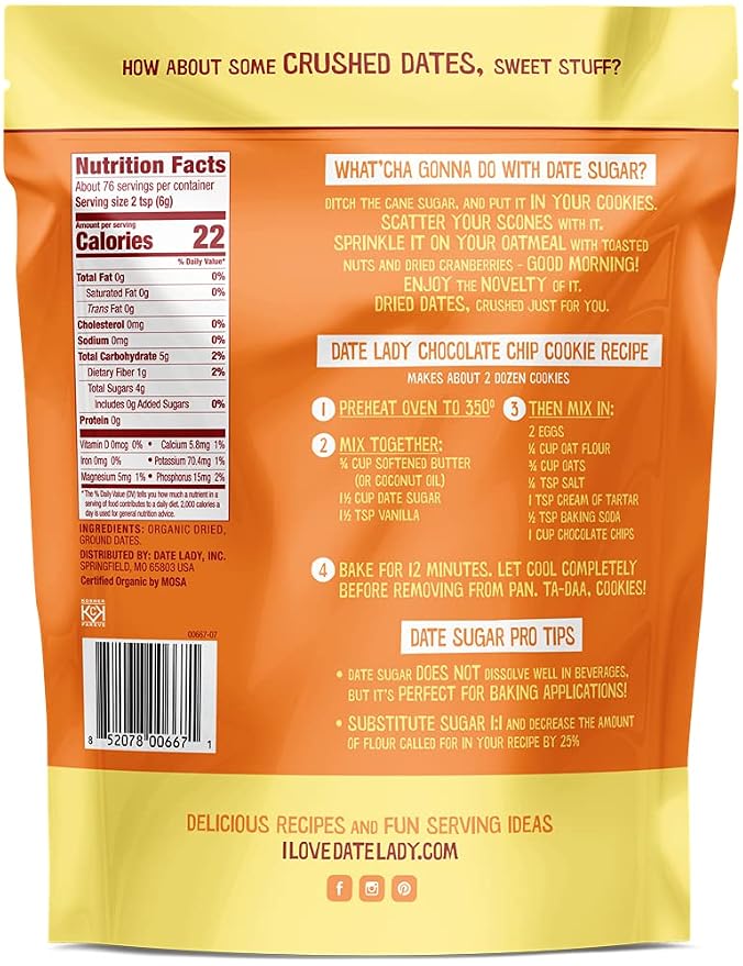 Date Lady Date Sugar, 1 lb, Organic | 100% Whole Food | Vegan, Paleo, Gluten-free & Kosher | Sugar Substitute and Alternative Sweetener for Baking | Will Not Dissolve in Your Coffee (2 Bags)