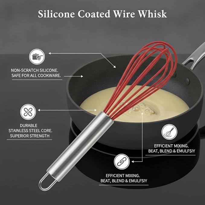 13 Inch Silicone Coated Wire Whisk for Non-Stick Cookware, Stainless Steel Mixing Tool, Red