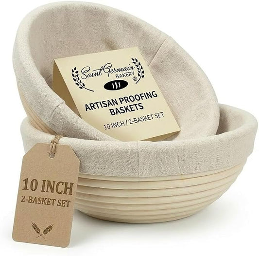 Saint Germain Bakery Premium Banneton Bread Proofing Basket Set - 2 Pack 10 Inch Round Brotform with Liners, Sourdough Bread Baking Basket
