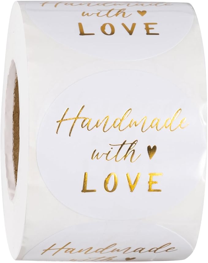 WRAPAHOLIC 2 Inch 500 Total Business Stickers Roll - Gold Foil Handmade with Love Design, Thank You Lables, Shipping Stickers for Party Decorations
