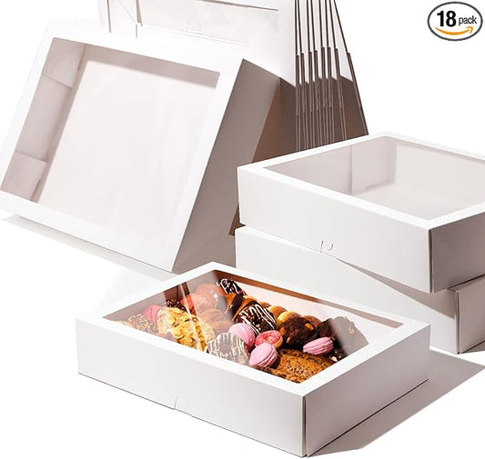Fit Meal Prep 18 Pack 19 x 14 x 4 Inches Cake Boxes with Window, Pop-up Large Pastry Boxes, White Bakery Boxes for Pies, Donuts, Cupcakes, Perfect for Cafes, Homemade Baked Gifts