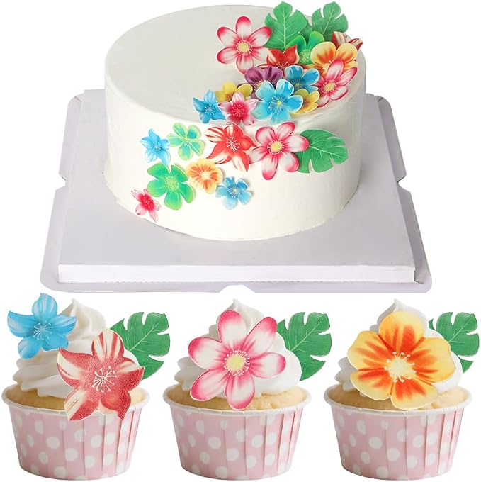 88 pieces of edible green leaf cake decorations, mixed leaf and flower cupcake decorations for Hawaiian themed festive wedding birthday party supplies.