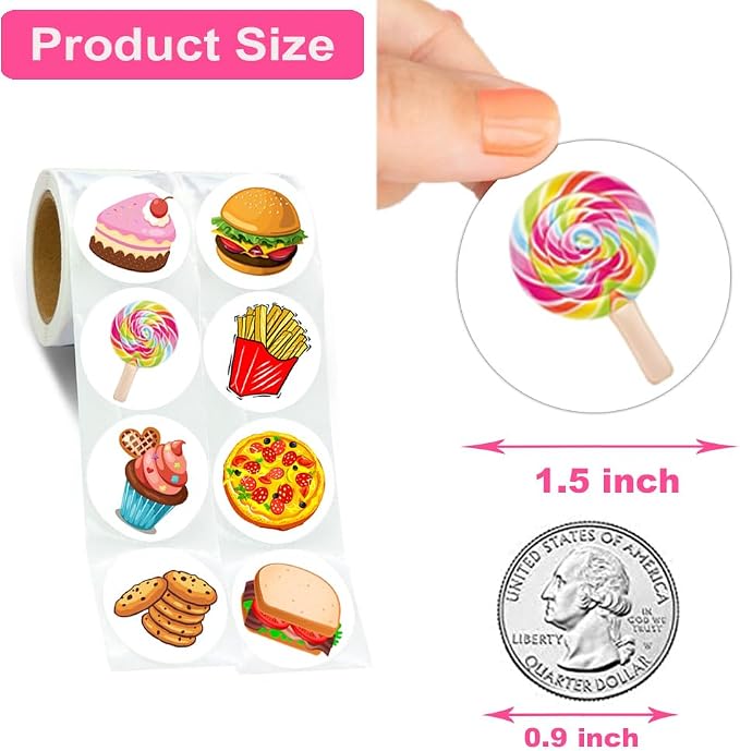 600Pcs Round Snack Stickers Roll 1.5 Inch Food Stickers for Kids Birthday Party Favors Teacher Reward Encouragement Motivational Stickers
