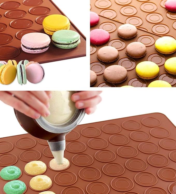 Food Grade Silicone Brown color Macaron Baking Kit Tray Set w. Piping Pot 4 types of nozzles & 1 Cleaning Scrubbing pad non stick reusable Macaroon Baking Supplies