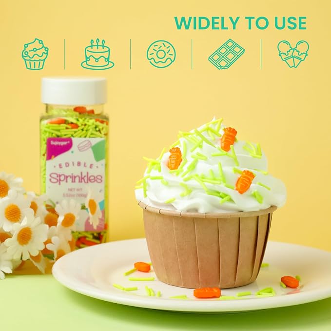 Green Jimmies & Carrot Sprinkles for Cake Decorations, 3.52oz Easter Sprinkles Edible for Cupcakes Topper for Cupcakes Topper Baking Cookies Easter Spring Party Supplies