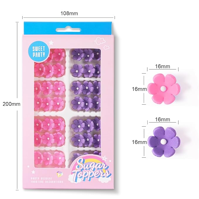Edible Flowers Cake Decorations 48 Count Pink Purple Blossoms Royal Icing Decorations Daisy Sugar Wedding Flowers for Baking Cupcakes Ice Cream Waffles Cookies Birthday Cake