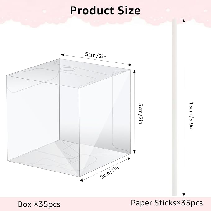 MGWOTH 35 Set Cake Pop Boxes with Paper Sticks Kit: Clear Gift Container with Holes for Candy, Macaron, Lollipop Packaging, Mini Plastic Cakepop Wrapping for Wedding Party Birthday Christmas
