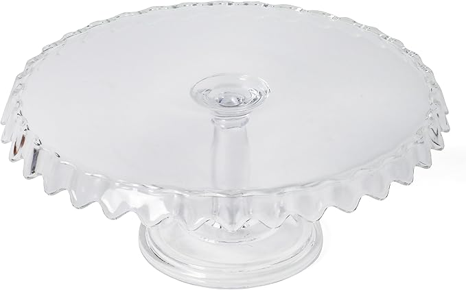 Martha Stewart Watercrest Glass Cake Stand, 10.2 Inch Footed Pedestal Cake Plate with Scalloped Ruffled Edge, Clear Handmade Glassware for Weddings, Parties, and Dessert Display
