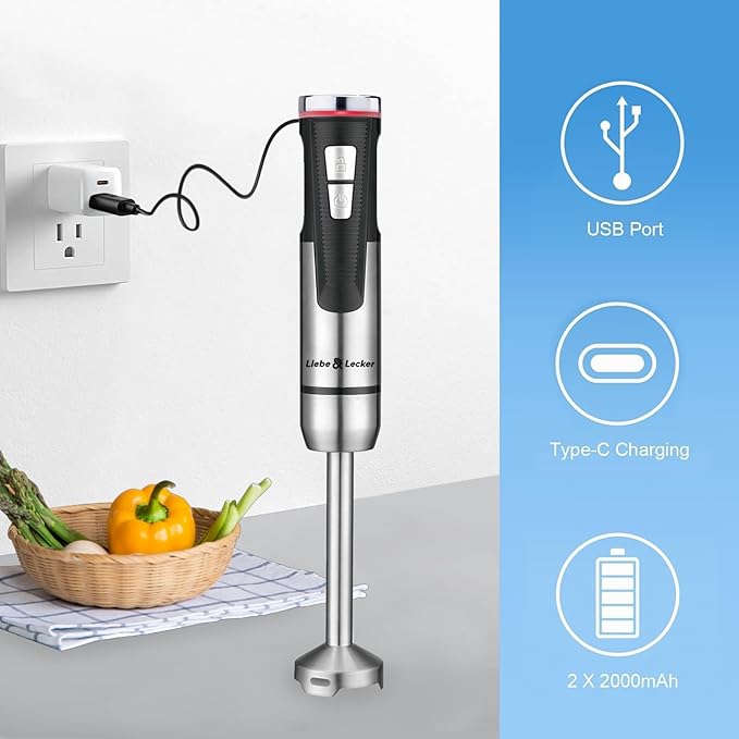 Liebe&Lecker Cordless Immersion Blender, 3-in-1 Handheld Stick Blender | Rechargeable Electric Mixer Set with Whisk & Milk Frother, 8-Speed Hand Blender for Shakes, Soups, Coffee, Zero BPA (Black)