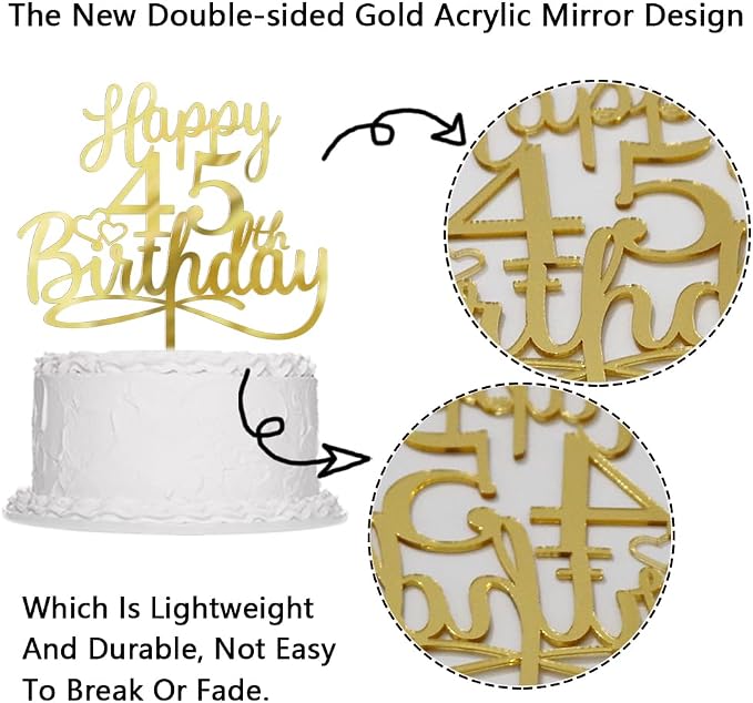Sleyberoy Acrylic Happy 45th Birthday Cake Topper- Hello 45,Cheers to 45 Years,45th Anniversary/Birthday Party、 men and women Happy Forty-five Birthday Selected cake decoration (45th)