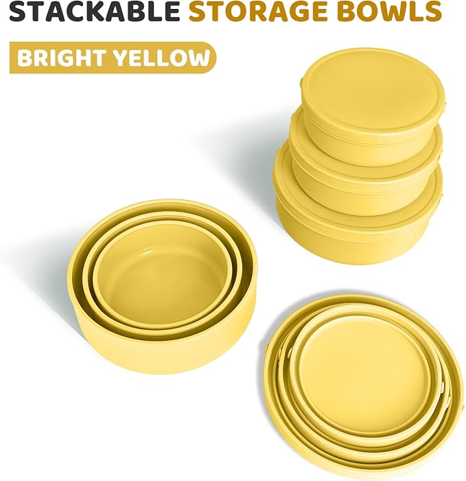 Silicone Food Storage Containers Bowl, Set of 3 Reusable Silicone Tupperware Bento Lunch Snack Box Containers with Lids (17oz, 25oz, 42oz) Dishwasher, Microwave and Freezer Safe (Bright Yellow)