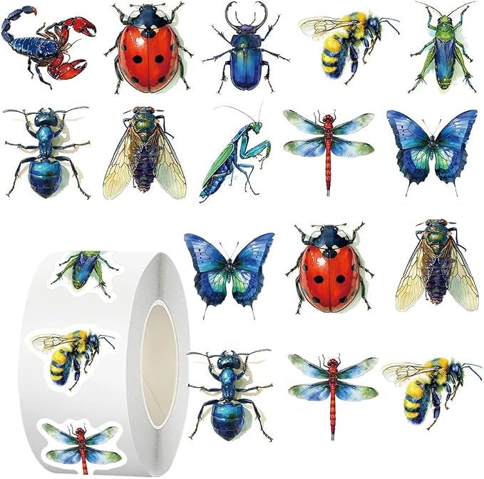 Insect Stickers Roll, 500Pcs 1inchBug Stickers Ladybug Bee Butterfly Dragonfly Scorpion Beetle Ant Cicada Mantis Aesthetic Decals for Scrapbooking Water Bottle Laptop Party Favors
