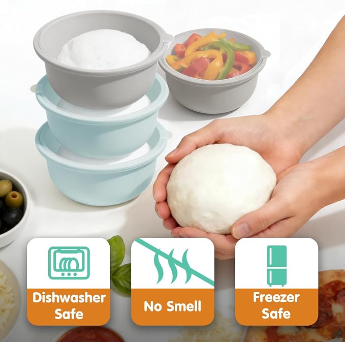 4Pcs Stackable Silicone Pizza Dough Proofing Proving Containers with Lids,Pizza Dough Proofing Box For Home Kitchen | Make 12" Pizzas 700ml(Grey+Blue)