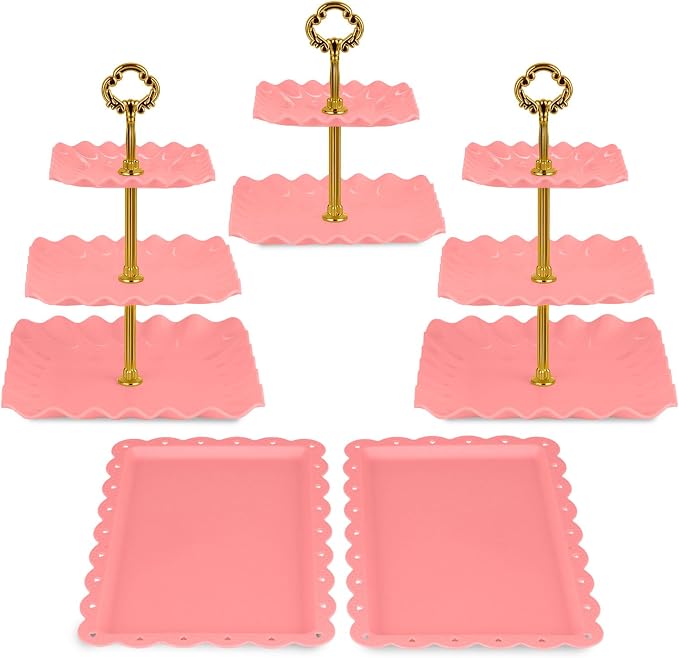 NWK 5 Piece Cake Stand Set with 2 x 3-Tier Cupcake Stands, 1 x2-Tier Cupcake Stands, 2 x Appetizer Trays, for Wedding Birthday Baby Shower Tea Party Decorations (5, Pink, Square)