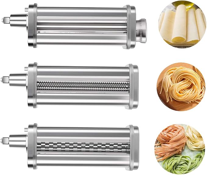 Pasta Maker for KitchenAid Mixer Attachments Accessories, Electric Fresh Pasta Roller Cutter Pastry Noodle Dough Sheeter Ravioli Mold Maker Machine for Cuisinart, 3Pcs Washable Stainless Steel &Brush