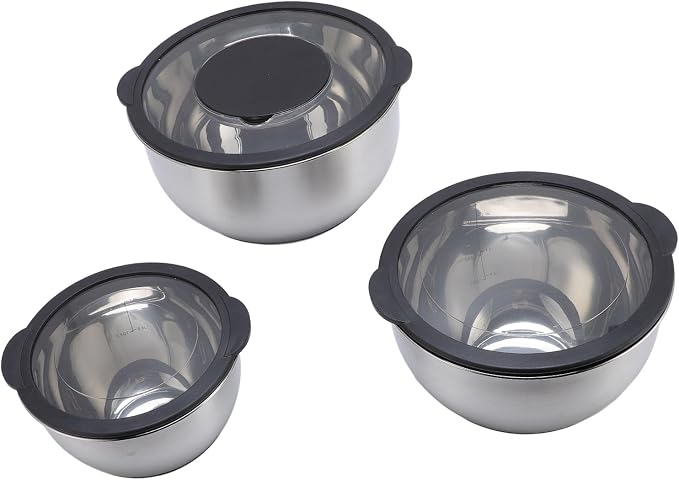 Stainless Steel Mixing Bowls Set, 3 Piece Bowl and Grater Set with Lids, 10in 8.5in 6.9in Nested Kitchen Prep Mixing Bowls for Baking Salad Food Prep