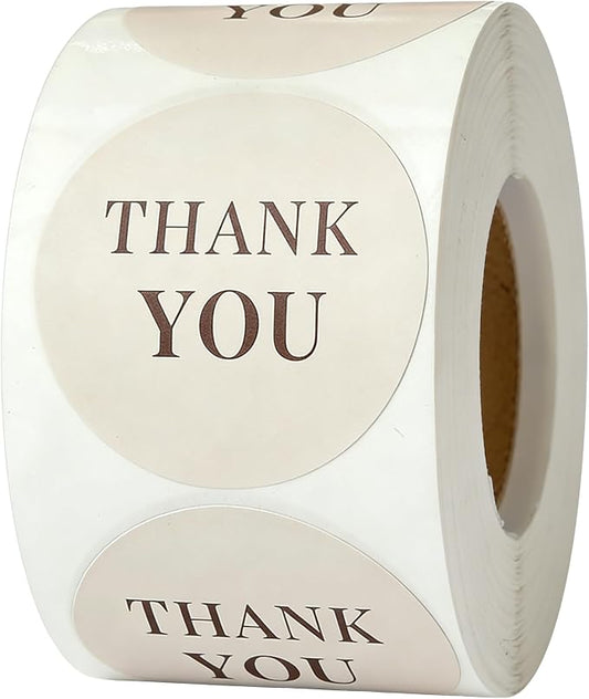 500PCS Thank You Stickers Roll, 1.5 Inch Round Self-Adhesive Labels for Small Business Packaging, Wedding Favors, Gift Boxes & Envelopes, Beige