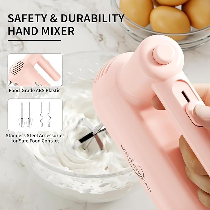 Electric Hand Mixer, 5-Speed Handheld Mixer for Baking Cakes, Eggs, Cream, 150W Turbo Boost Kitchen Mixer, Pink, Gifts for Women Mother